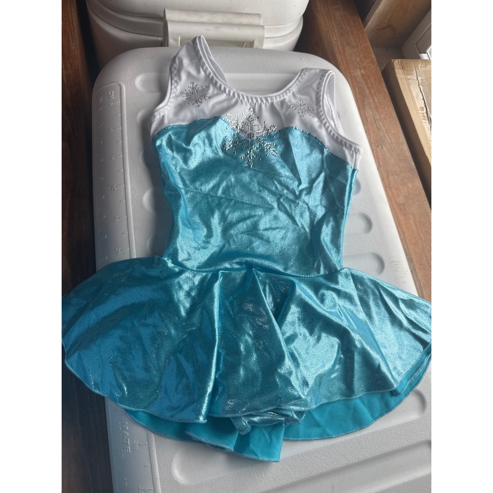 Girls Blue White Snowflake Dance Costume Metallic Foil Skirted Leotard Size 8